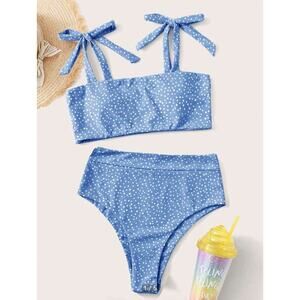 Shein Women's Large Polka Dot Tie Shoulder Summer Beach Bikini Blue White